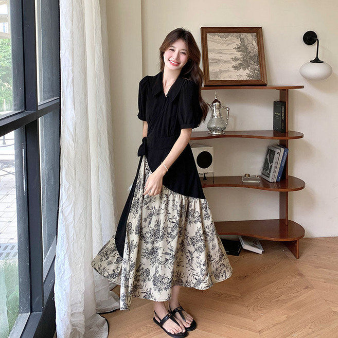 ANYOU 여름 원피스 비대칭 꽃무늬 원피스 슬림 고급감 롱원피스 데일리룩