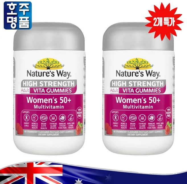 호주 네이쳐스웨이 Nature's Way 비타 구미 하이스트렝스 우먼 50+ 멀티비타민 딸기맛, 2개, 60정 - 쿠팡