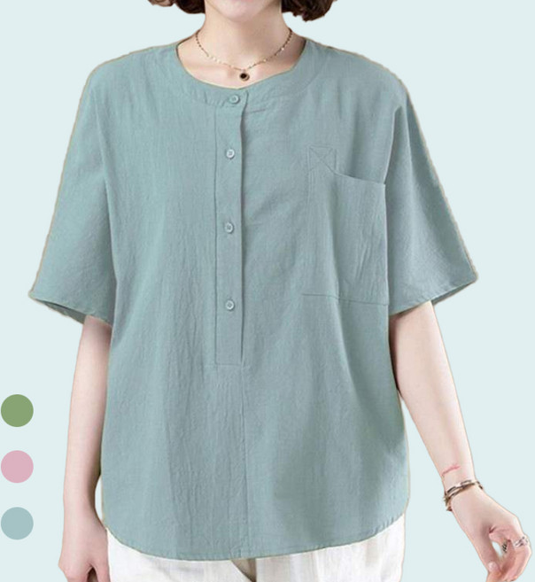 에쥬아 중년여성 헨리넥 반팔셔츠 빅사이즈 풀오버티 엄마옷 캐주얼룩 셔츠블라우스