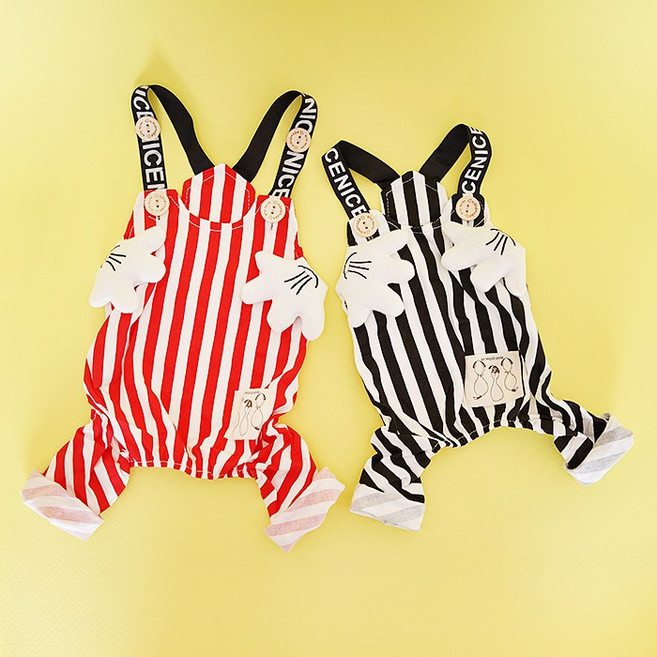 [대봉샵] 강아지 올인원 멜빵바지 미키핸드 S-2XL 스트라이프강아지옷 고양이옷 2color, 레드, 1개