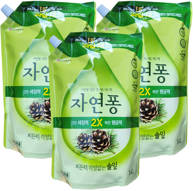 엘지생활건강 자연퐁 찌든때 걱정없는 솔잎 주방세제 리필, 3개, 1.4L