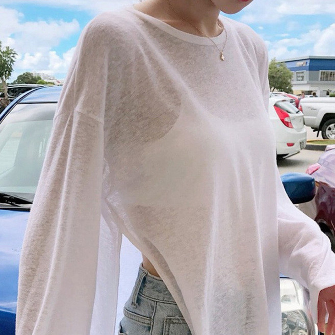薄款微透長袖罩衫 防曬側綁帶女上衣 度假休閒穿搭, 長版罩衫