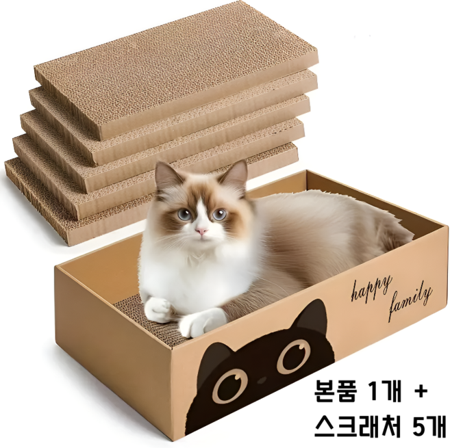 고양이 박스형 골판지 스크래쳐 교체식 하우스 세트, 1세트, 내추럴 브라운