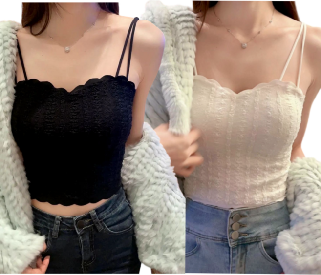 은무드 여성 레이스 크롭 나시탑 블랙+아이보리 세트