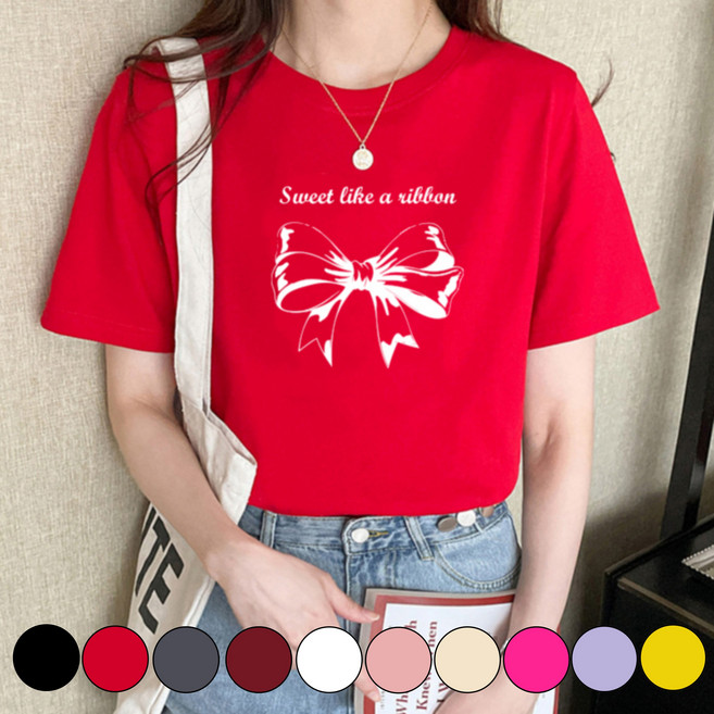 그리내 여성 라운드넥 여름 예쁜 리본 프린팅 시원한 반팔티 커플티 캐릭터 이너 홈웨어 프린팅 티셔츠
