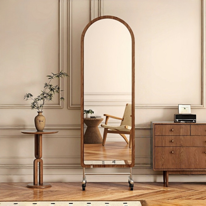 YAPOGI 모던한 이동식 스테인리스 심플 아치형 전신거울, 월넛색