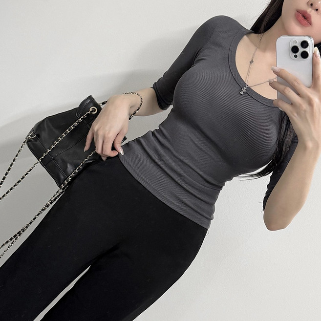 VANANA2 [KOREA MADE] 고퀄리티 여성5부티셔츠 딥유넥 스퀘어 골지 글램룩 스판 슬림핏 이너 7부소매