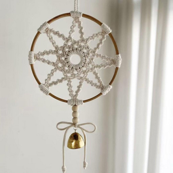 手編捕夢網風鈴掛飾 鈴鐺壁飾 森系ins手工家居波西米亞, 本白色成品 含無痕釘,12*18cm