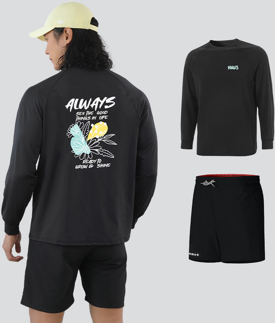 남자 루즈핏 긴팔 래쉬가드 상의 + 반바지 상하의 세트