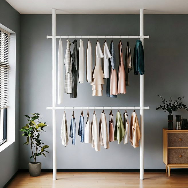 예니브 32mm2단행거튼튼한 철제 스탠드 옷걸이 행거, 화이트