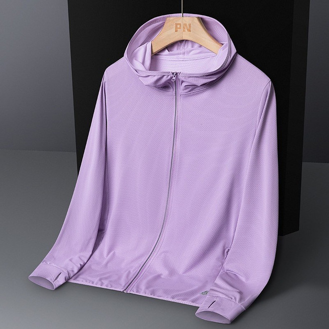 PN 男女款夏季輕薄冰絲防曬外套 UPF50+ 涼感遮陽抗UV戶外運動連帽夾克, 2329-素面紫色,3XL