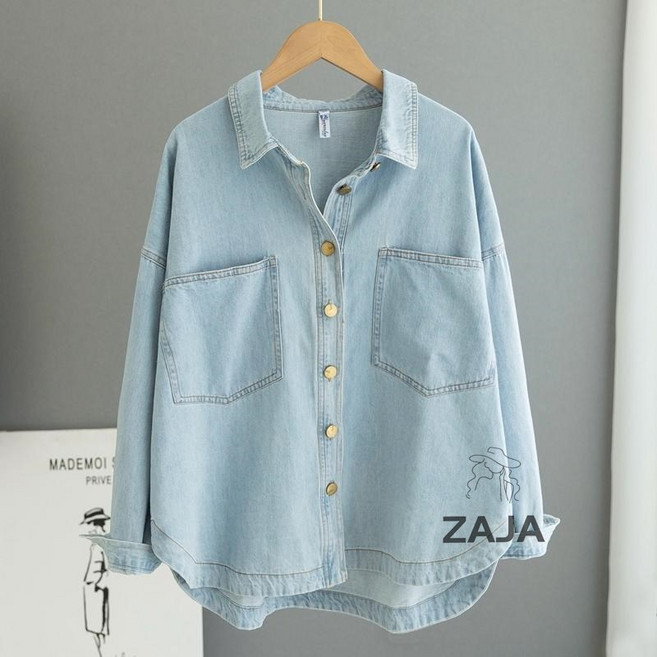 ZAJA 여성 베이직 데일리 긴팔 청남방 오버핏 워싱 데님셔츠