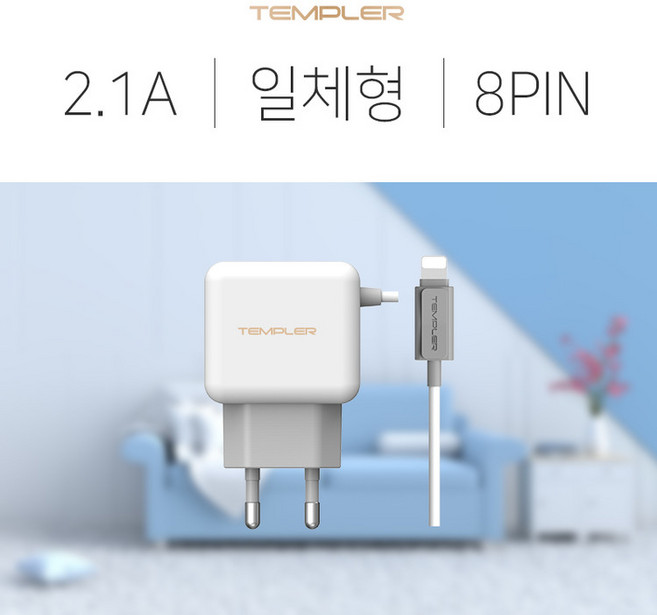 템플러 2.1A 일체형 8핀 가정용 충전기, 상세페이지 참조, 1개