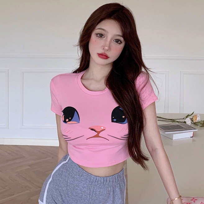 후암마켓 여성용 캣 프린팅 고양이 크롭 반팔 슬림티