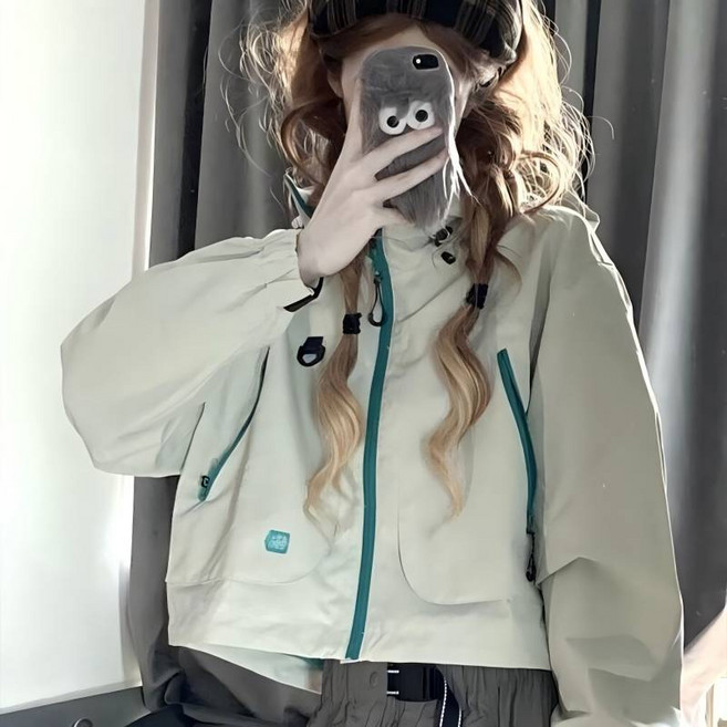 COSYEVNO 쇼트 바람막이 코트 여 봄 가을 카고 재킷