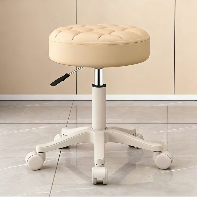 SeekFun 화장대 의자 말랑말랑한 쿠션 PU가죽 의자 다용도 미용실 높이조절 바퀴의자 인테리어 원형 스툴, 1개, 카키/ Khaki