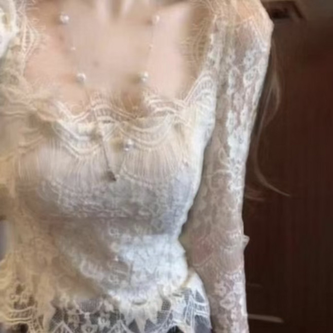 COSYEVNO 여성 섹시 레이스 시스루 스퀘어넥 긴팔 블라우스 BCXxfs-8