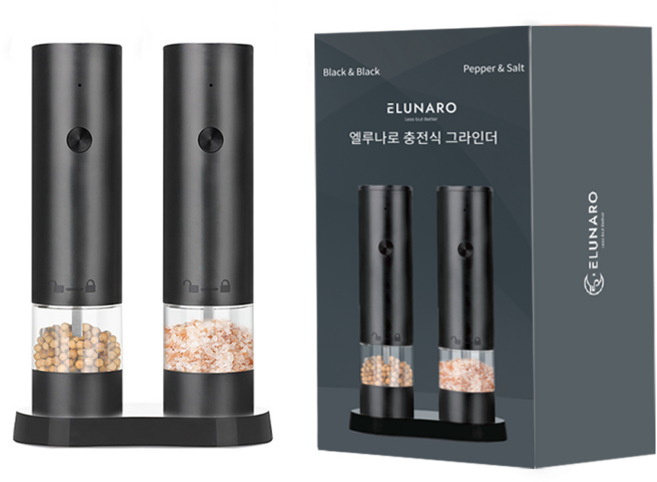 1+1 엘루나로 충전식 자동 전동 소금 후추 그라인더, 블랙+블랙, 1개, 60ml