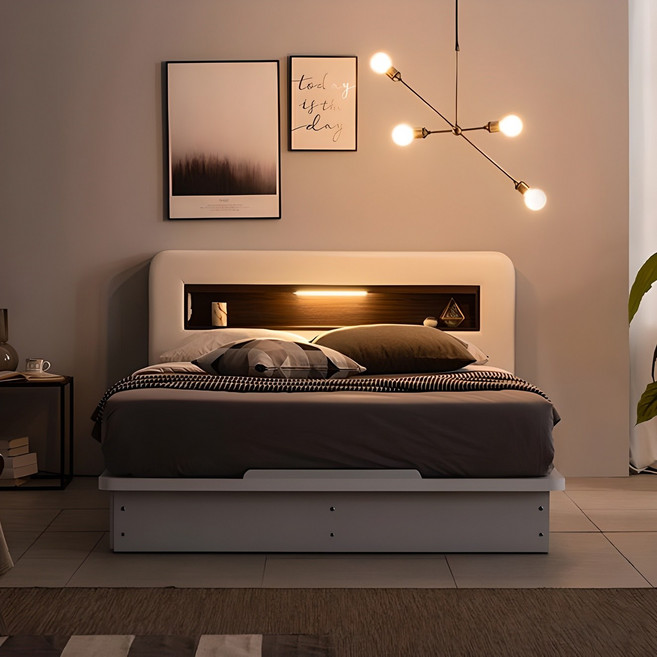 가구야 카인 가죽 LED + 220V 평상형 침대 협 + 7존 케미컬 라텍스탑 셀프 포켓 매트리스 세트 방문설치, 화이트