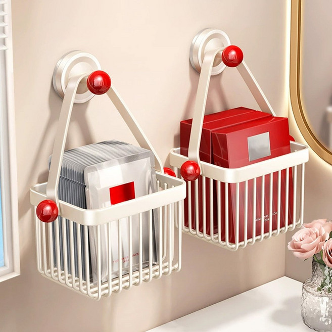 리빙픽 욕실용 대용량 흡착식 걸이형 바스켓 벽걸이형 수납함 물빠짐 선반대, 1개, 화이트+레드