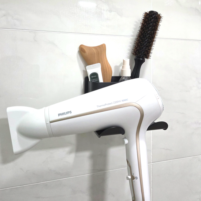 핀딘 드라이기 거치대 무타공 접착식 수납형, 1개, 딥블랙