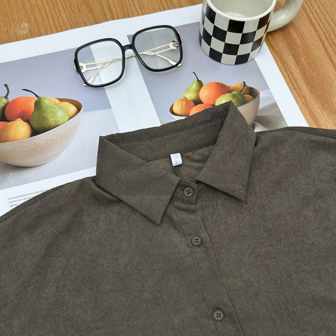 Fee 翻領寬鬆磨毛絨布長袖襯衫 素色排釦上衣 休閒襯衫外套女