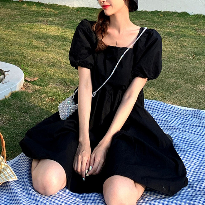 U&EARTH 반팔 스퀘어넥 벌룬 소매 루즈핏 미니 원피스