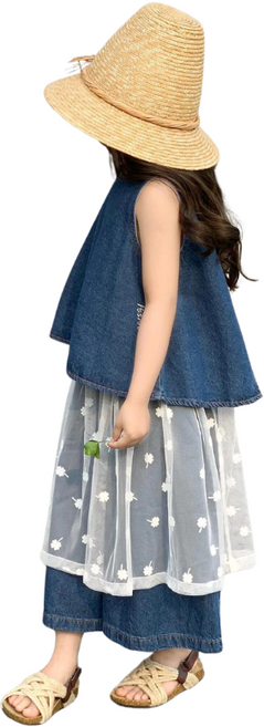 삐삐네옷가게 여아 유아 여름 민소매 데님 와이드팬츠 레이스 튤 스커트 셋업