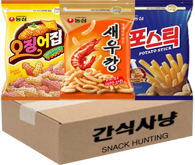 간식사냥 농심 오징어집 + 새우깡 + 포스틱 대용량 지퍼백 과자세트, 1개, 270g