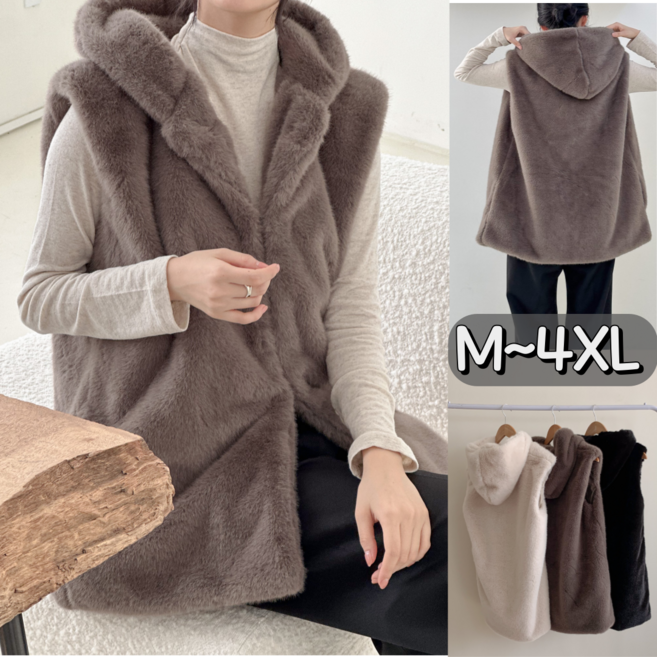 [프리미엄] 낭만고양이 밍크조끼 부드러운 퍼 아우터 모피 후드베스트