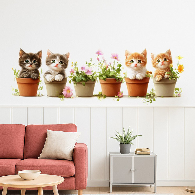 바이앤뷰 감성 인테리어 데코 스티커, 꽃과 아기냥이