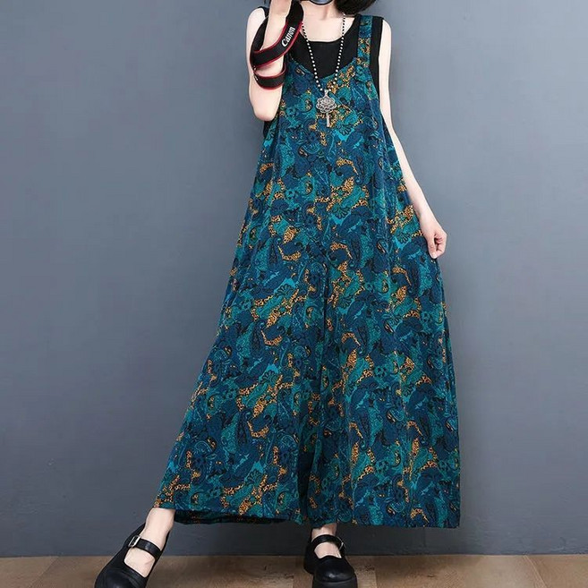 Makone 여성 패션 프린트 캐주얼 루즈핏 와이드 멜빵바지