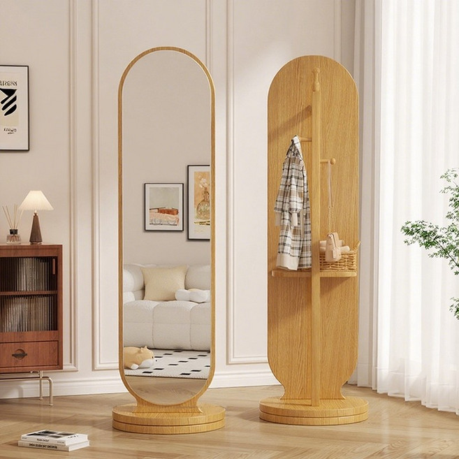 원트두 전신 거울 행거 옷걸이 회전 거울 스탠드 원형 1660mm, 우드색