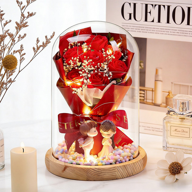 프리저브드 플라워 유리돔 무드등 꽃다발 커플 인형 여자친구 여성 아내 생일 선물, 1개, 레드장미 무드등