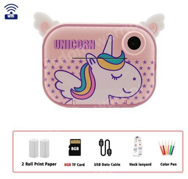 어린이용 즉석 인쇄 카메라 디지털 비디오 카메라 교육용 장난감 크리스마스 소녀 선물 1080P, 유니콘 핑크-8GB