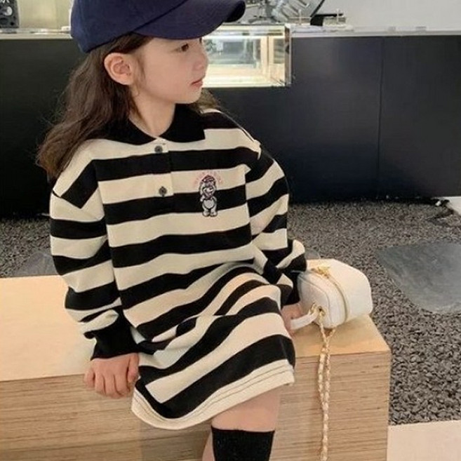 [앙디] F원피스 피케베어 (FE129)_(아동복 유아복 여아용 봄가을 단가라 곰돌이 피케이 여아의류 블랙앤화이트)