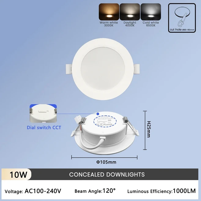 색상 조정 LED 다운라이트 AC100-240V 다이얼 스위치 CCT 천장 조명 매입형 실내 6W-24W 3000K 6500K, 06 10W, 01 AC100-240V, 01 6pcs