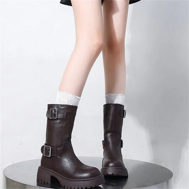 TKX 여성 워커 두꺼운 밑창 방수 부츠 멋스러운 더블 버클 앵클부츠 라운드토 KW81