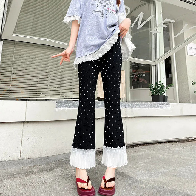 꽃소담 여자 봄여름 도트 레이스 밴딩 부츠컷 면바지 하이웨스트 빅사이즈 여성팬츠 XP597
