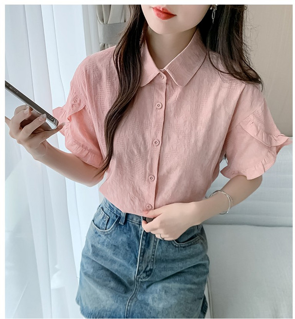 비아이와이 여성 여름 카라넥 루즈핏 프릴 슬리브 반팔 티셔츠 DH1049