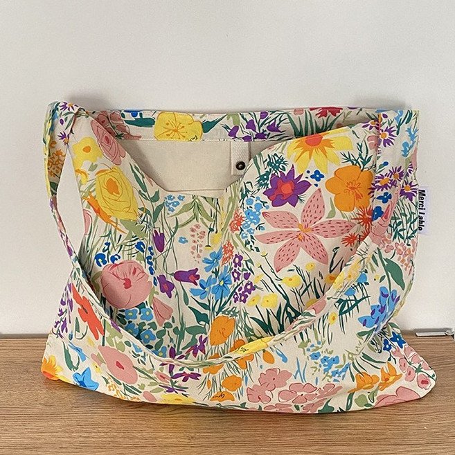 [주문폭주] 데일리 플라워 에코백 연예인가방 수납력 좋은 파우치 칼라 캔버스 숄더 대용량 가방