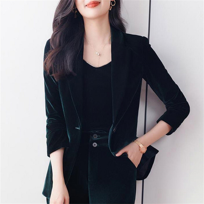 AOKADA 여성 봄 가을 벨벳 슬림핏 정장 자켓 블레이저 오피스룩