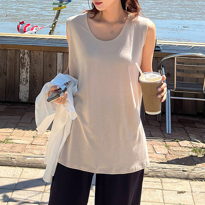 로로텐 민소매 스판 나시 티셔츠 무지 U넥 여성 빅사이즈