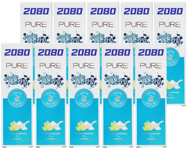 애경 2080 퓨어 치약 베이킹소다 담은 레몬라임향 120g 10개 양치