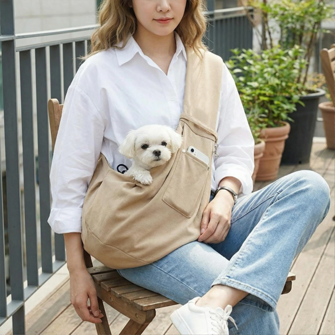 IPOBO 신형 애완동물 슬링백 6kg 이하 휴대용 접이식 메쉬 포켓 외출 쇼핑 통기성 가벼운 크로스백 애완용 가방, 1개, 카키색
