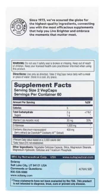 솔라레이 CranActin 함유 D-만노스 요도관 건강 1 000mg 120베지캡슐(베지 캡슐 1정당 500mg), 2개, 120정 - 쿠팡