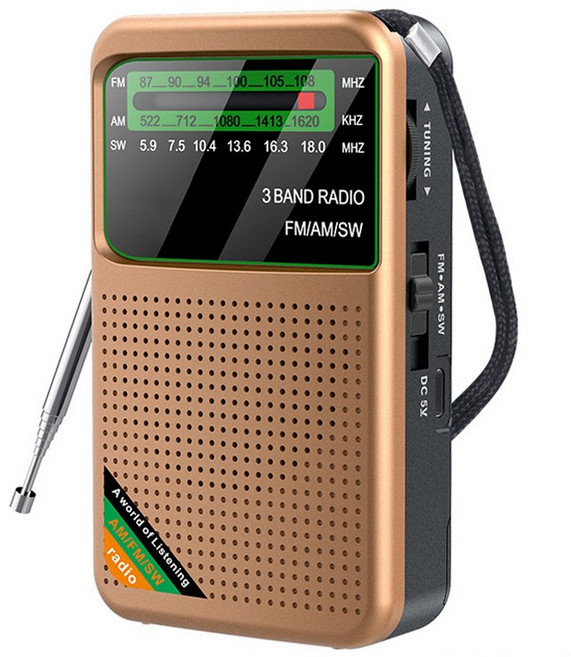 프리라이프 휴대용 라디오 소형 충전식 효도라디오 아날로그 라디오 고감도 FM AM SW 단파 라디오, B 금색, TG77