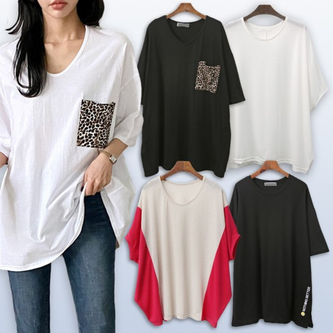 여름 옷 빅사이즈 여자 레오파드 포켓 가오리 반팔 7부 티셔츠 중년 엄마 미시 오버핏 큰옷
