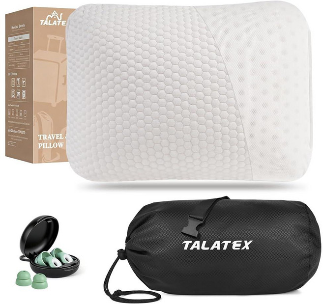 Talatex 100% 천연 Talalay 라텍스 여행용 베개 캠핑용 압축성 소재 자루가 있는 작은 세탁 가능한 커버가 메모리 폼 화학 물질 없음 미디엄 라텍스 1개, 1, Soft Latex