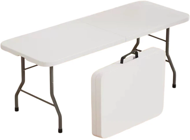 摺疊式戶外露營餐桌, 3段升降手提式折疊桌白色, 6人